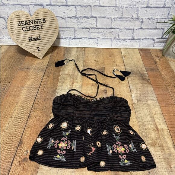 Free People Sweet Safari Halter Top Neon Peplum Sweetheart Striped Brown XS - Picture 3 of 7